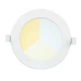 Runder LED-Einbaustrahler mit drei Farbtemperaturen, weißer Rahmen, Frontansicht.