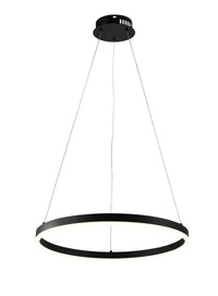 Moderne schwarze runde Pendelleuchte mit integrierter LED-Beleuchtung, minimalistischem Design und eleganter Verarbeitung, von vorne vor weißem Hintergrund gezeigt.