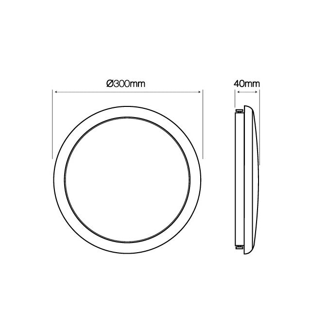 Technische Strichzeichnung einer runden LED-Deckenleuchte mit einem Durchmesser von 300 mm und einer Höhe von 40 mm, dargestellt in Vorder- und Seitenansicht.