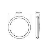 Technische Strichzeichnung einer runden LED-Deckenleuchte mit einem Durchmesser von 300 mm und einer Höhe von 40 mm, dargestellt in Vorder- und Seitenansicht.