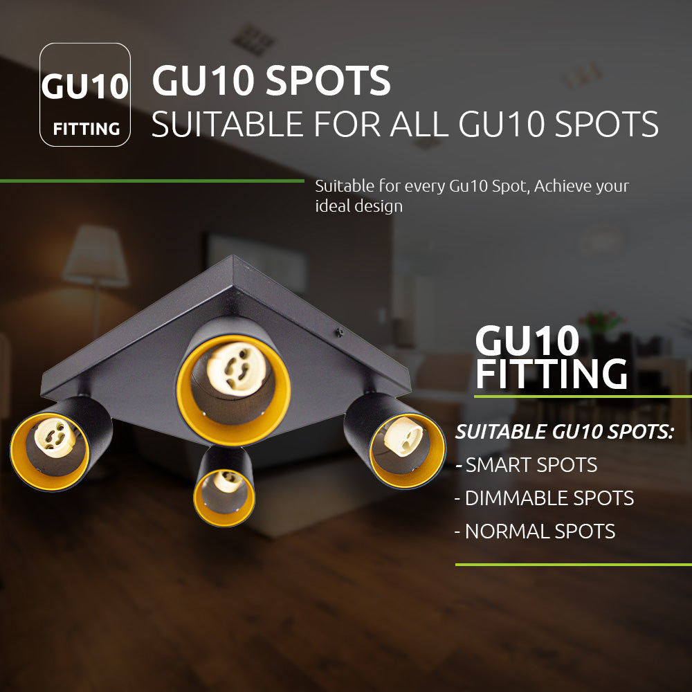 vierkante opbouwspot zwart met goud - GU10 fitting - geschikt voor GU10 spots