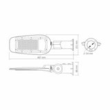 Technische Strichzeichnung einer LED-Straßenlaterne mit Abmessungen, Draufsicht, Seitenansicht und Rückansicht, mit Angabe von Länge (487 mm), Breite (151 mm) und Befestigungspunktdurchmesser (54 mm), geeignet für SEO-Verwendung.