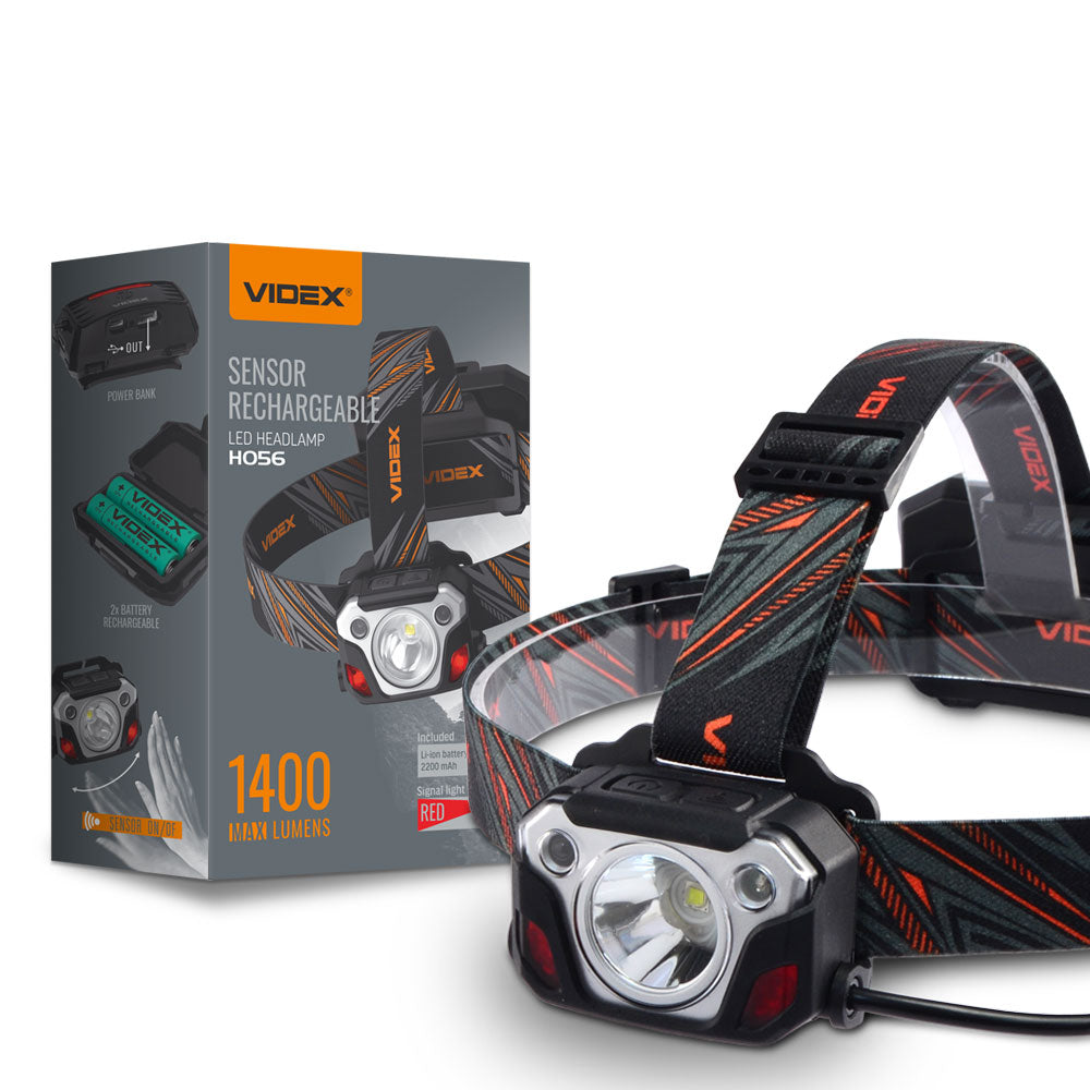 Vorderansicht der wiederaufladbaren LED-Stirnlampe Videx HO56 mit Sensor, verstellbarem Kopfband und Produktverpackung, 1400 Lumen Helligkeit.