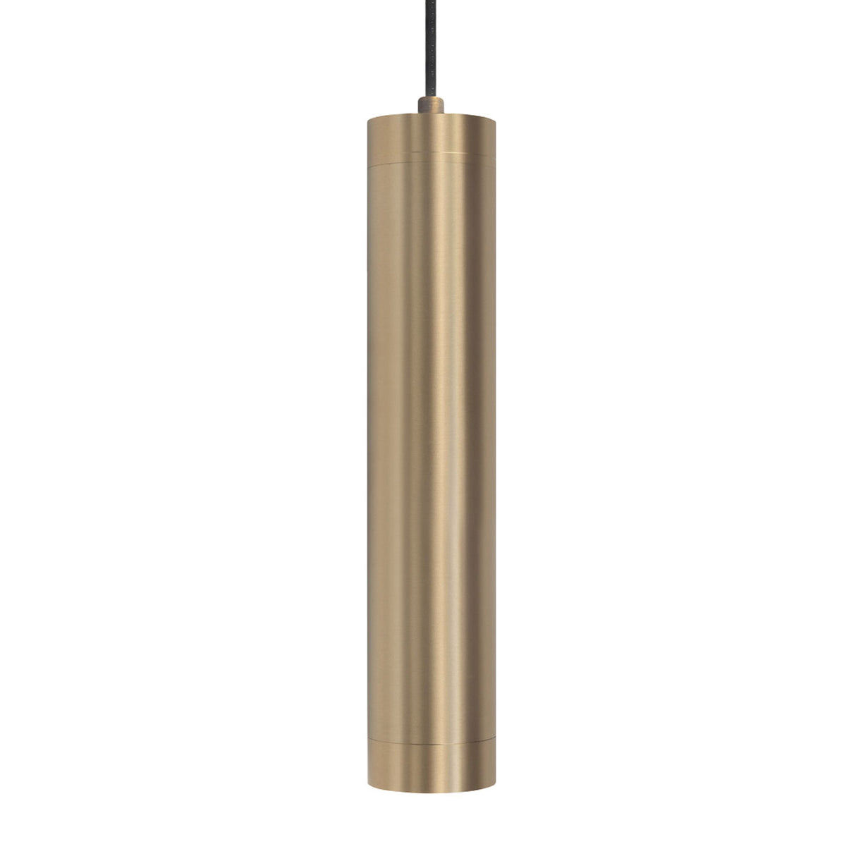 Zylindrische Pendelleuchte aus gebürstetem Messing mit minimalistischem Design, Vorderansicht vor weißem Hintergrund.
